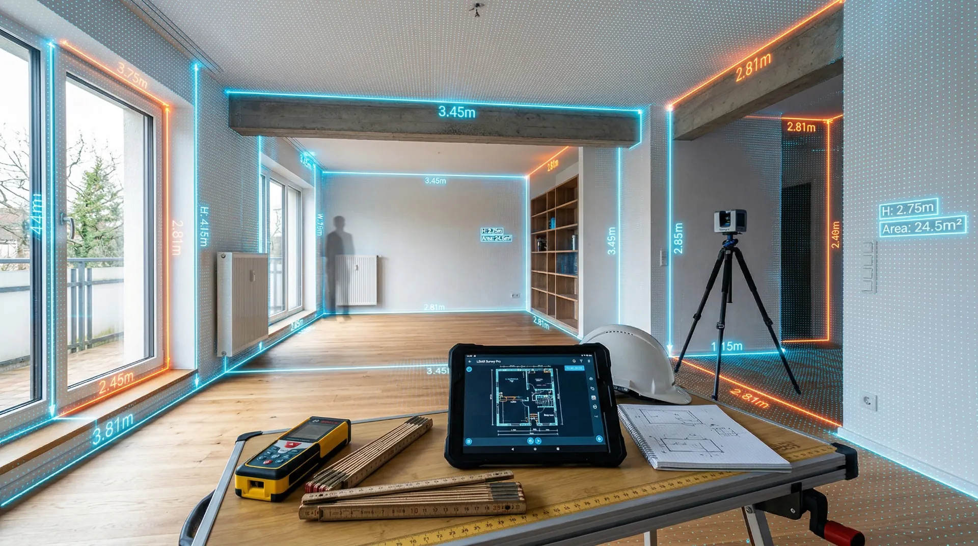 LiDAR-Aufmaß einer Wohnung: Laserscanner, Tablet mit Grundriss und eingeblendete Raummaße